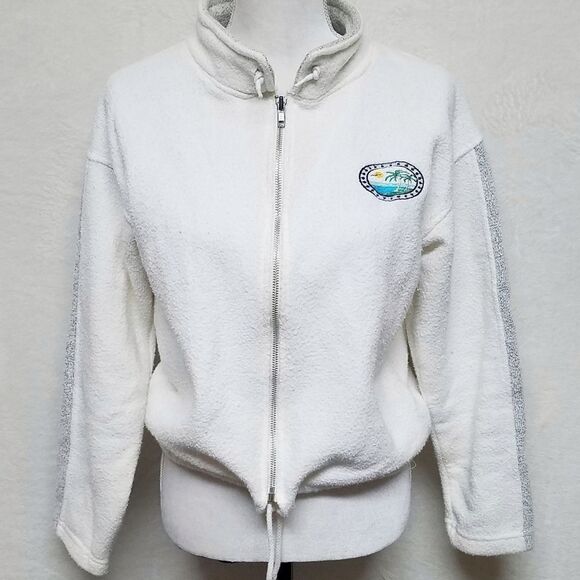 𝅺VINTAGE 1990s Exist White Gray Striped Full-zip Terry Cloth Cropped Sweater - Picture 2 of 11